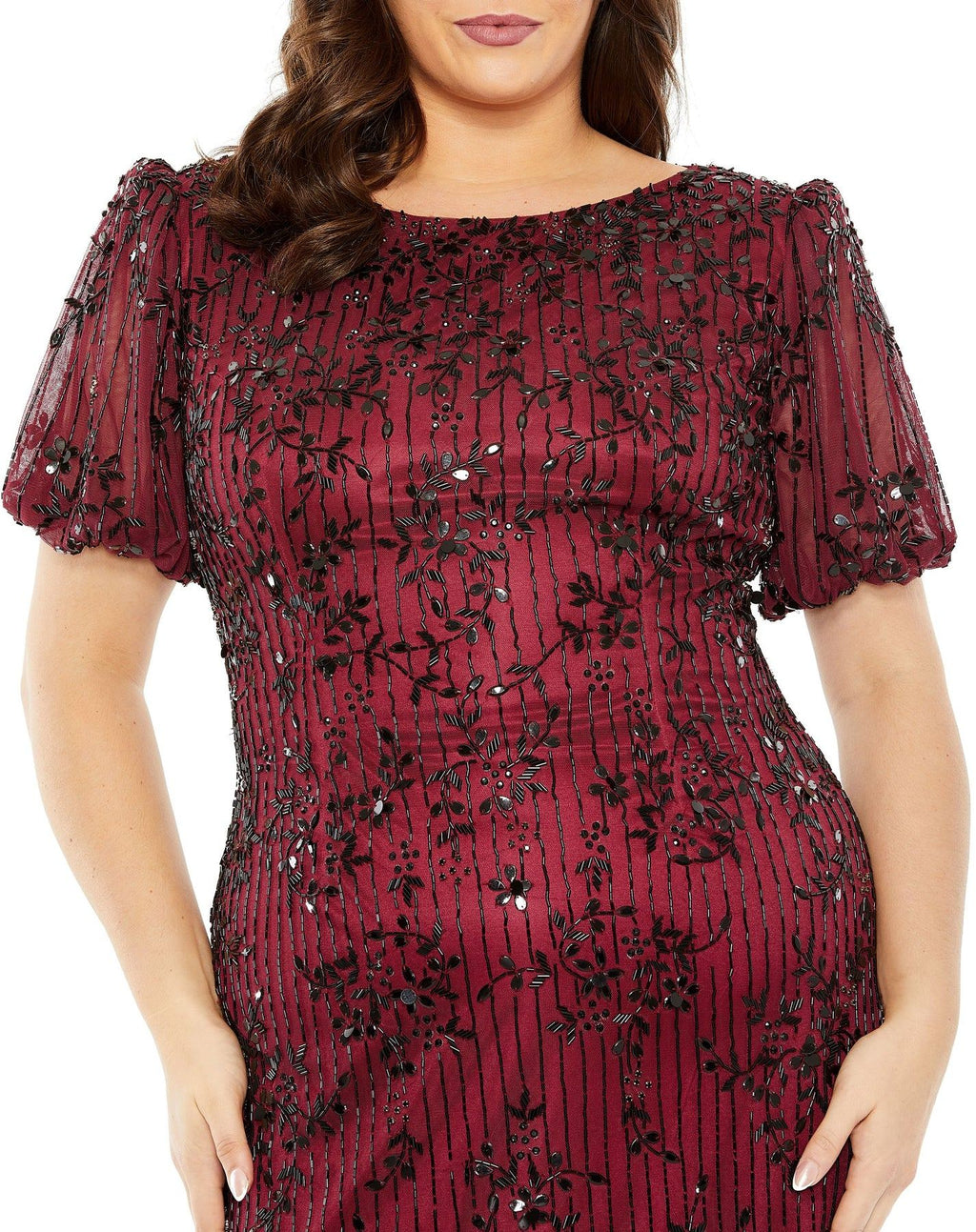 Mac Duggal 5940 Plus Size High Neck Puff Sleeve Embellished Midi Dress