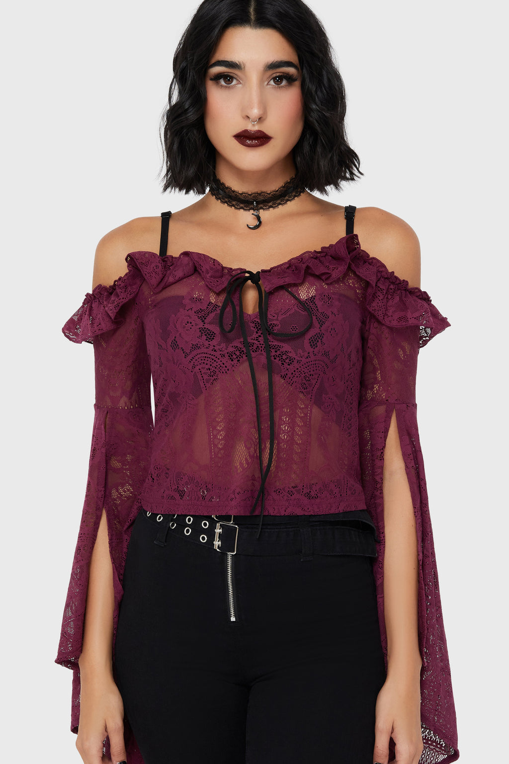 Breathless Lace Bardot Top Plum