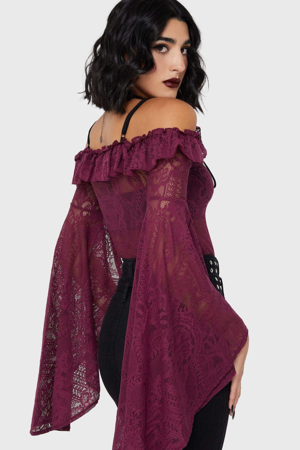Breathless Lace Bardot Top Plum