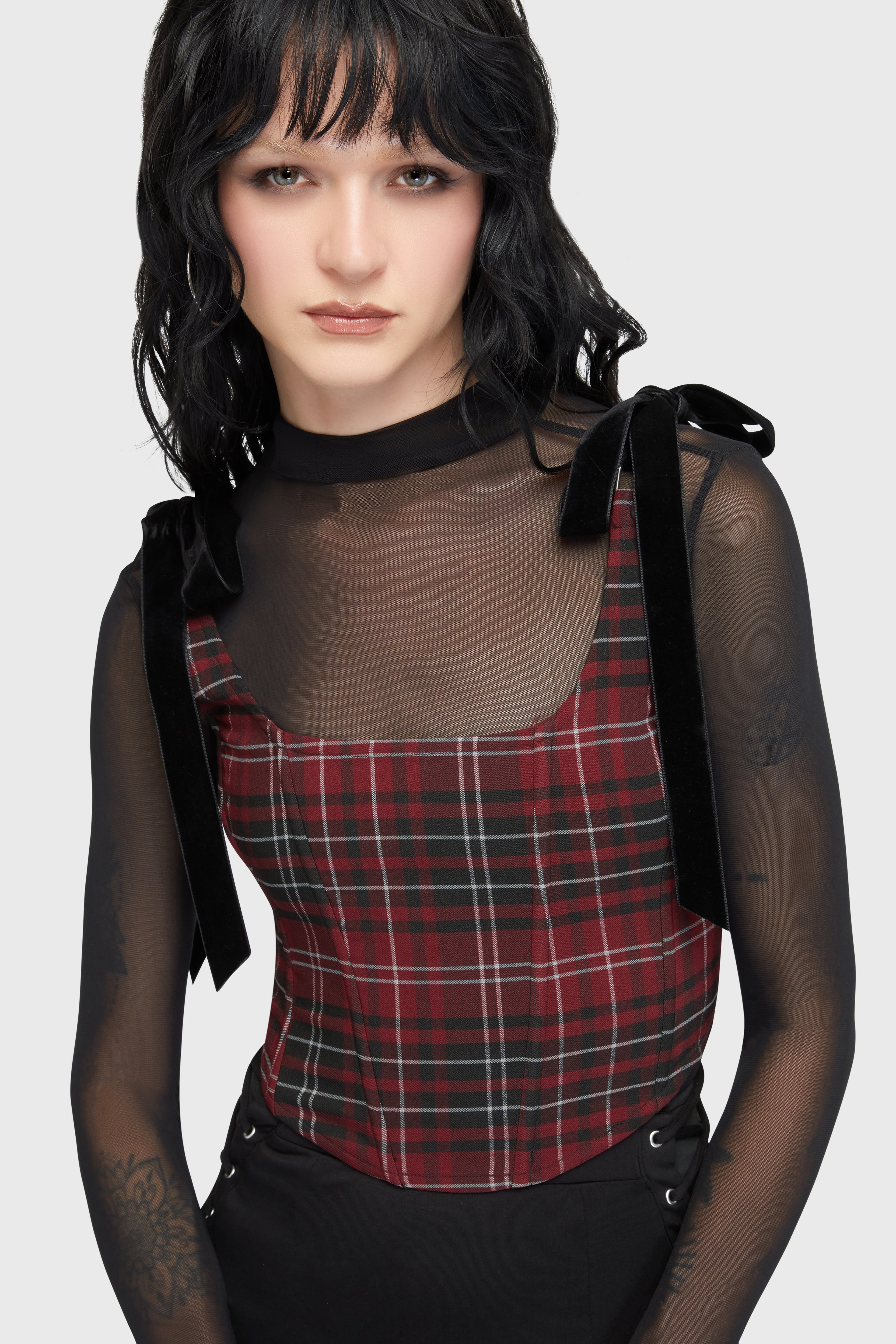 Tartan Flora Corset Top BURGUNDY