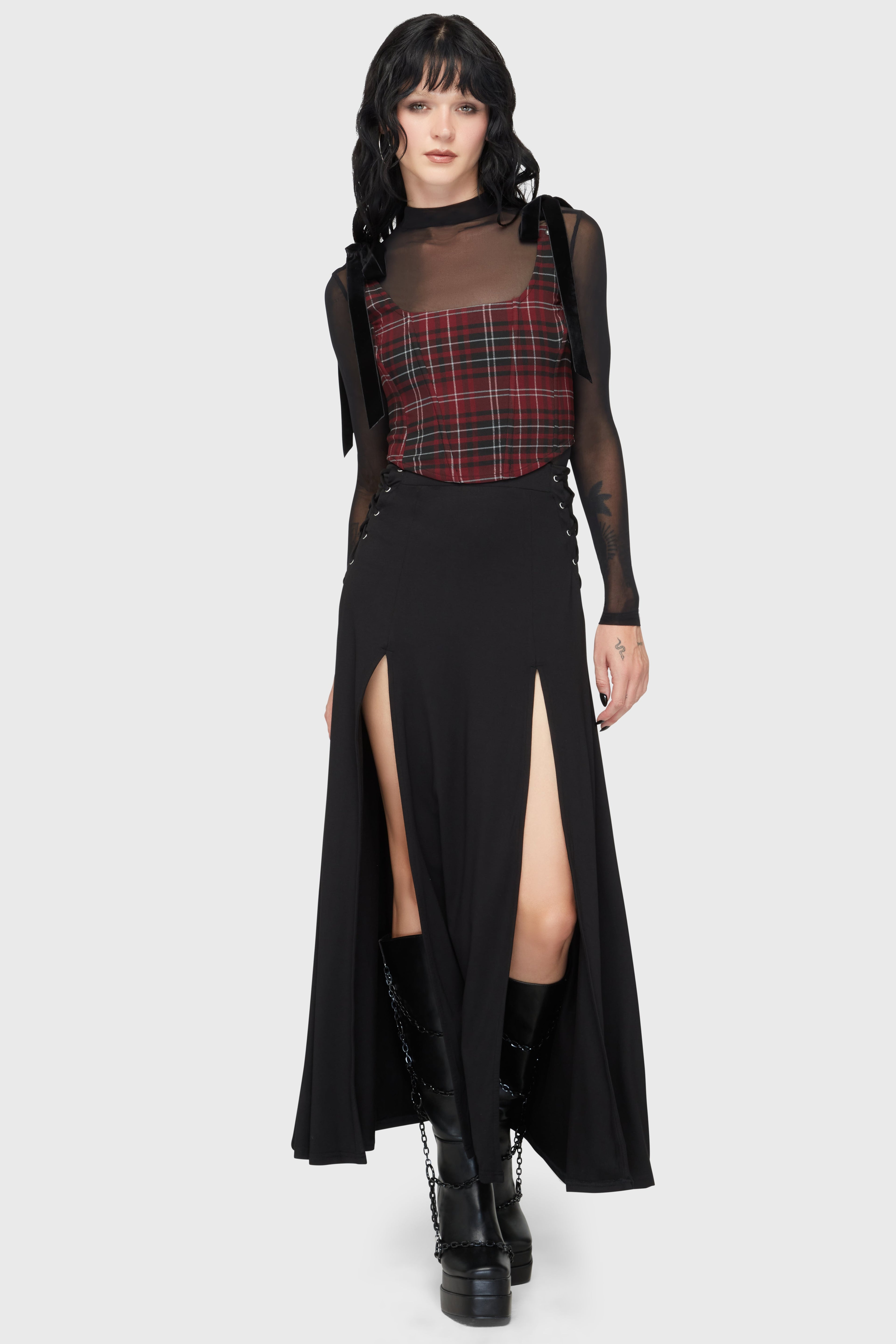 Tartan Flora Corset Top BURGUNDY