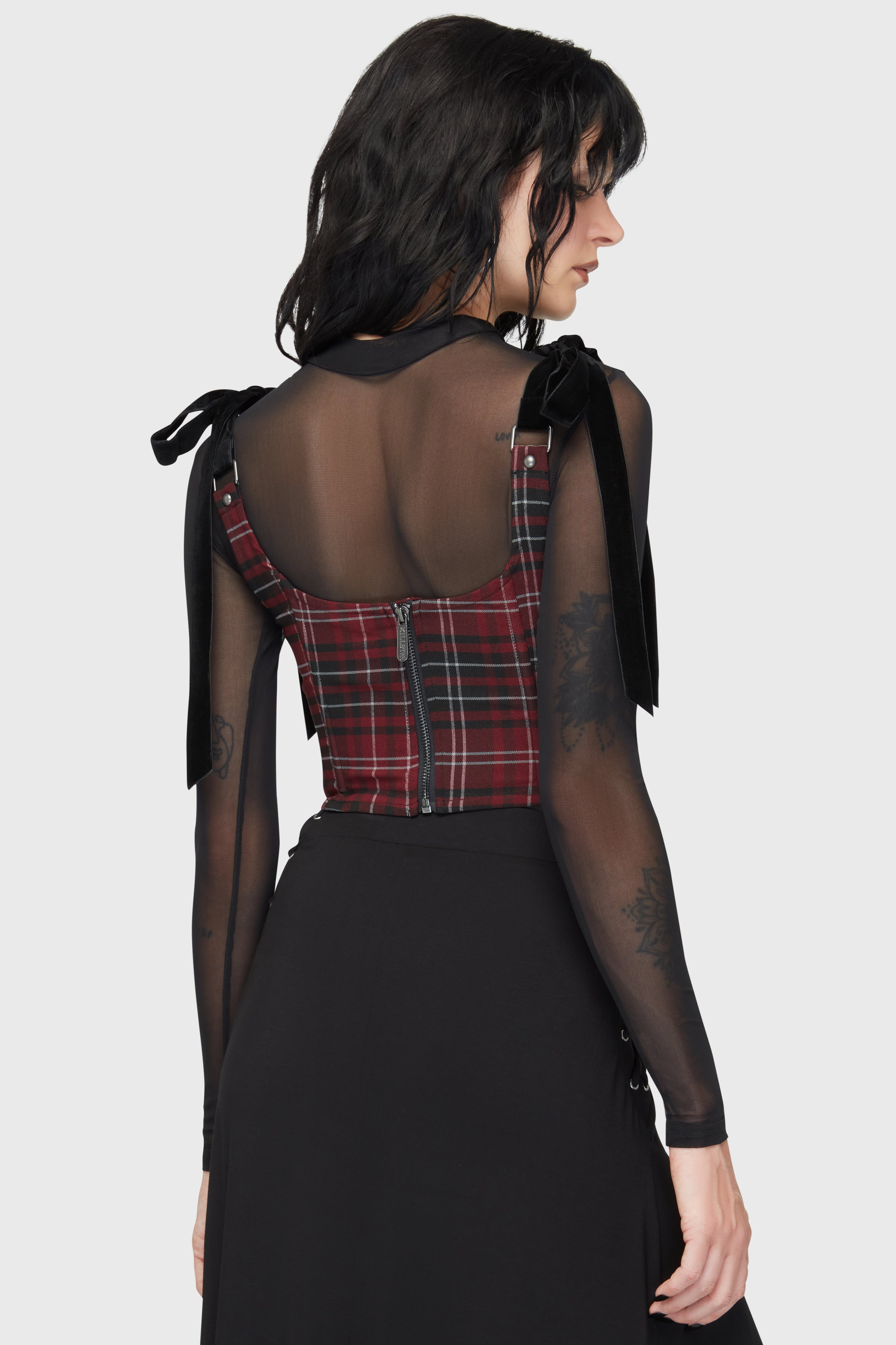 Tartan Flora Corset Top BURGUNDY